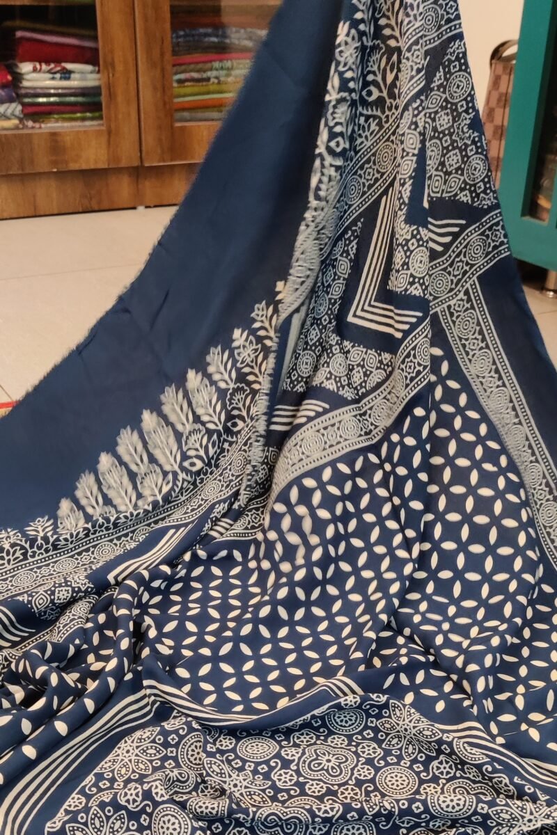 Dreamy Drapes - Indigo Floral Circle Motif Ajrakh Cotton Silk Dupatta - Image 2