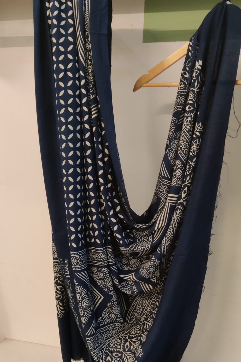 Dreamy Drapes - Indigo Floral Circle Motif Ajrakh Cotton Silk Dupatta - Image 3
