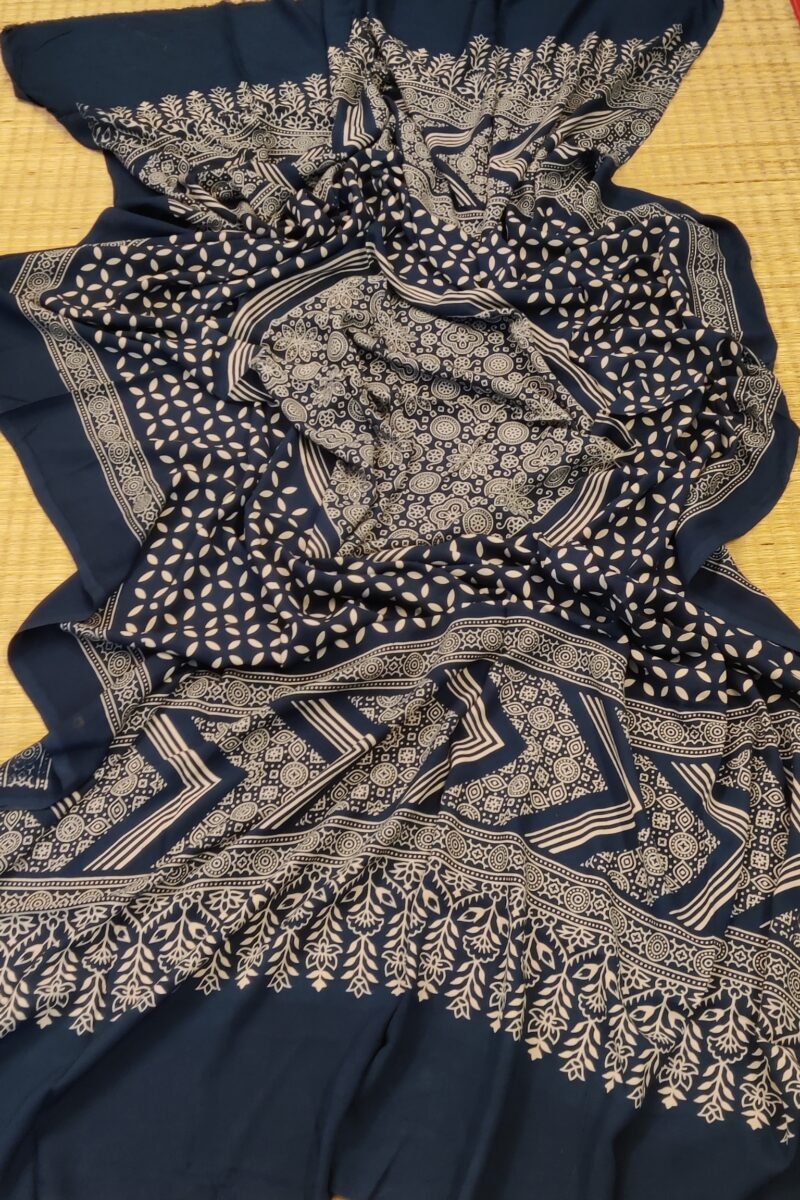 Dreamy Drapes - Indigo Floral Circle Motif Ajrakh Cotton Silk Dupatta - Image 4