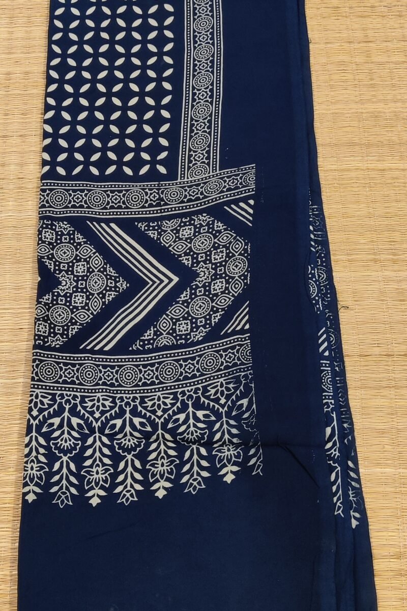 Dreamy Drapes - Indigo Floral Circle Motif Ajrakh Cotton Silk Dupatta - Image 6