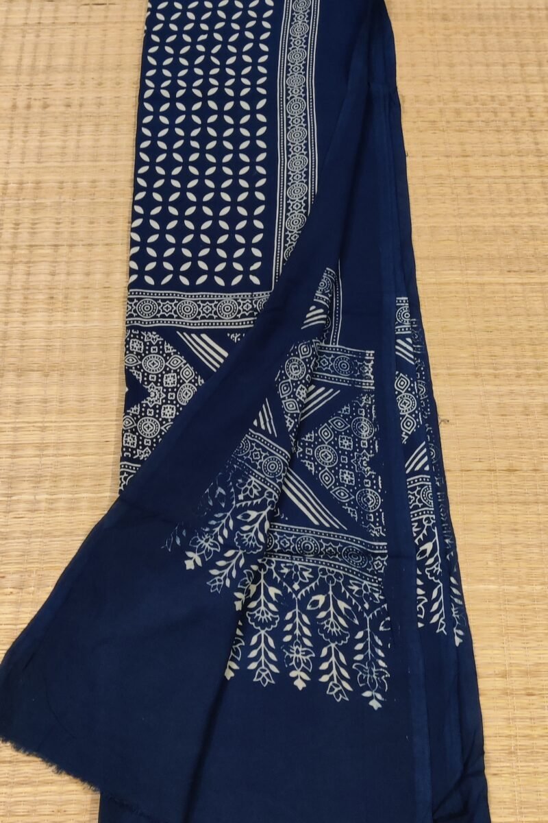 Dreamy Drapes - Indigo Floral Circle Motif Ajrakh Cotton Silk Dupatta - Image 7