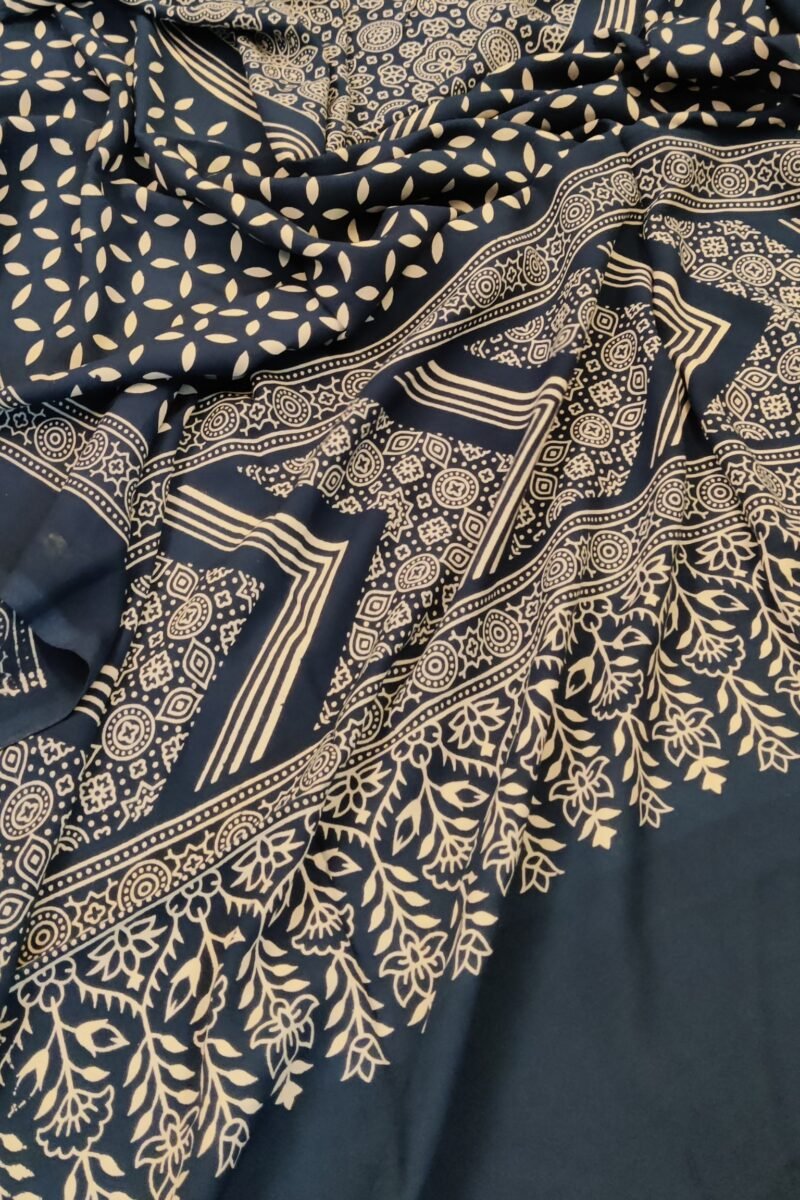 Dreamy Drapes - Indigo Floral Circle Motif Ajrakh Cotton Silk Dupatta - Image 8