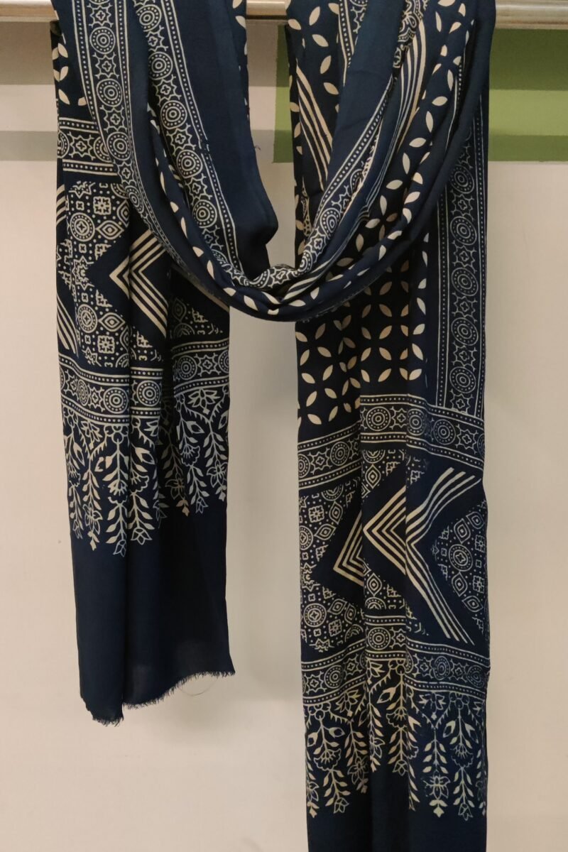 Dreamy Drapes - Indigo Floral Circle Motif Ajrakh Cotton Silk Dupatta