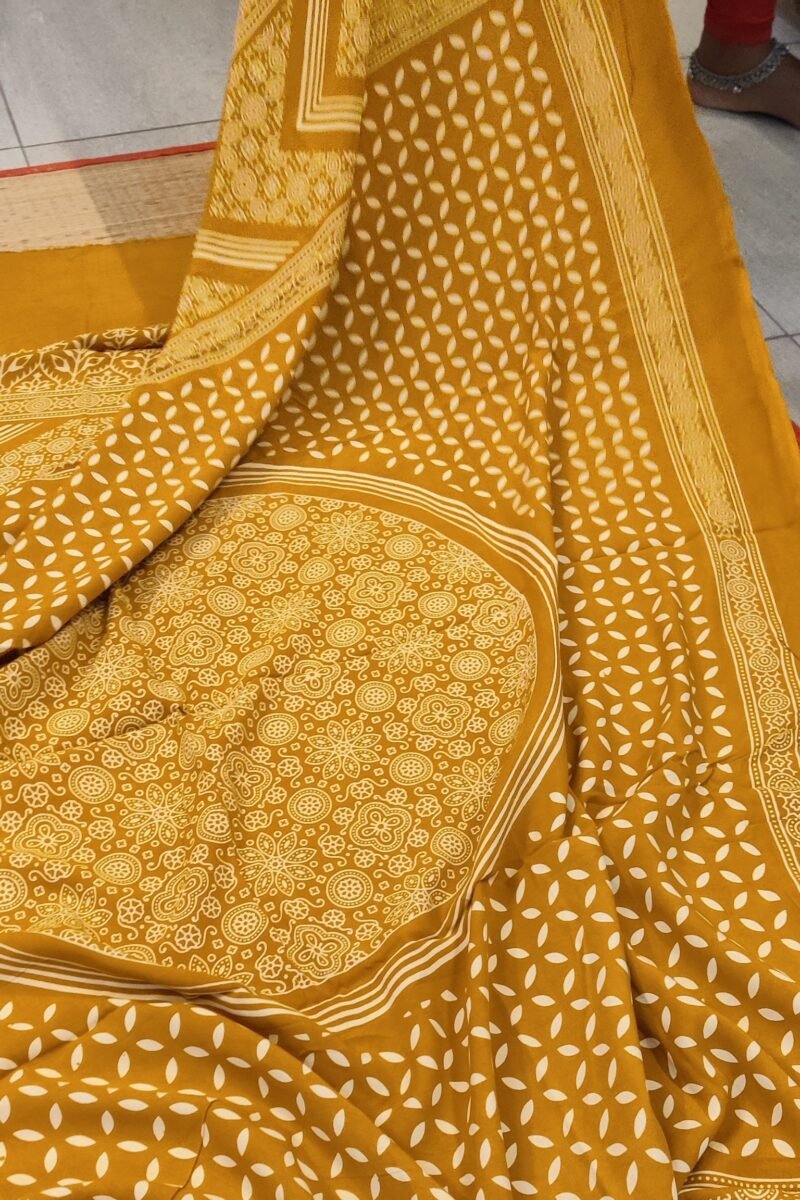 Dreamy Drapes - Mustard Yellow Floral Circle Motif Ajrakh Cotton Silk Dupatta - Image 2