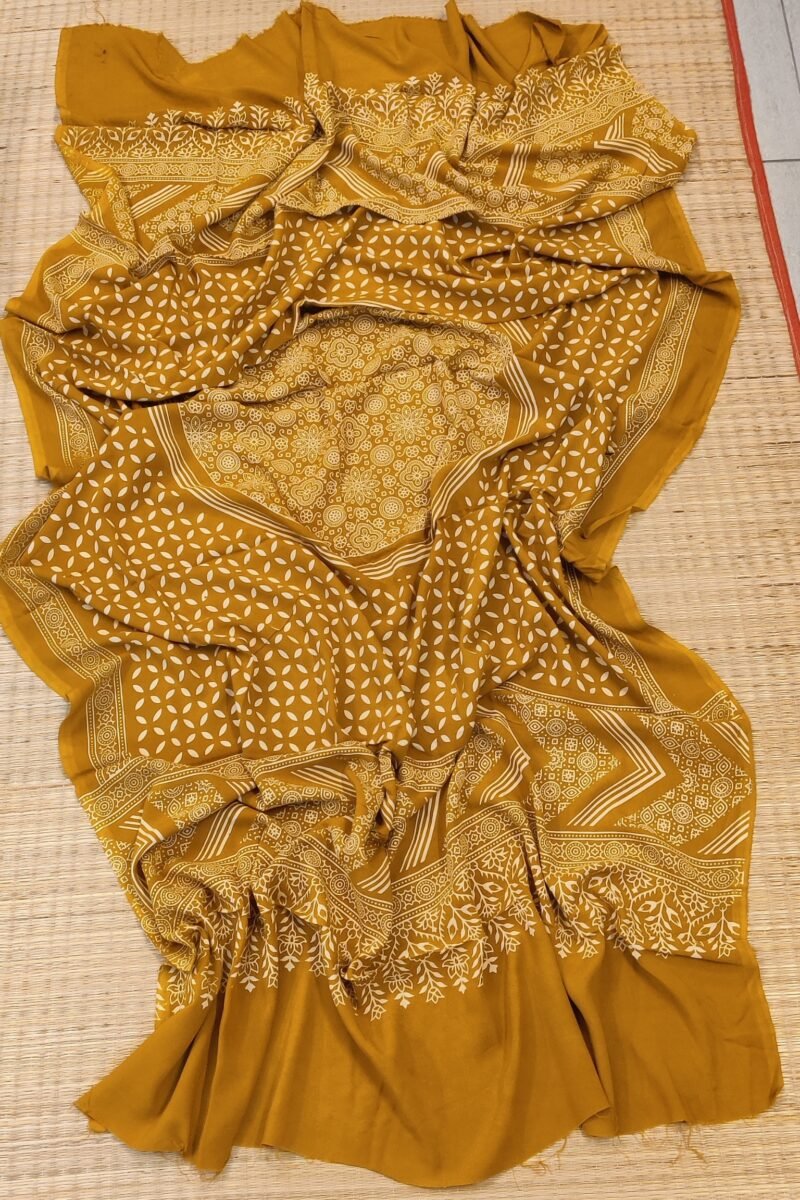 Dreamy Drapes - Mustard Yellow Floral Circle Motif Ajrakh Cotton Silk Dupatta - Image 4