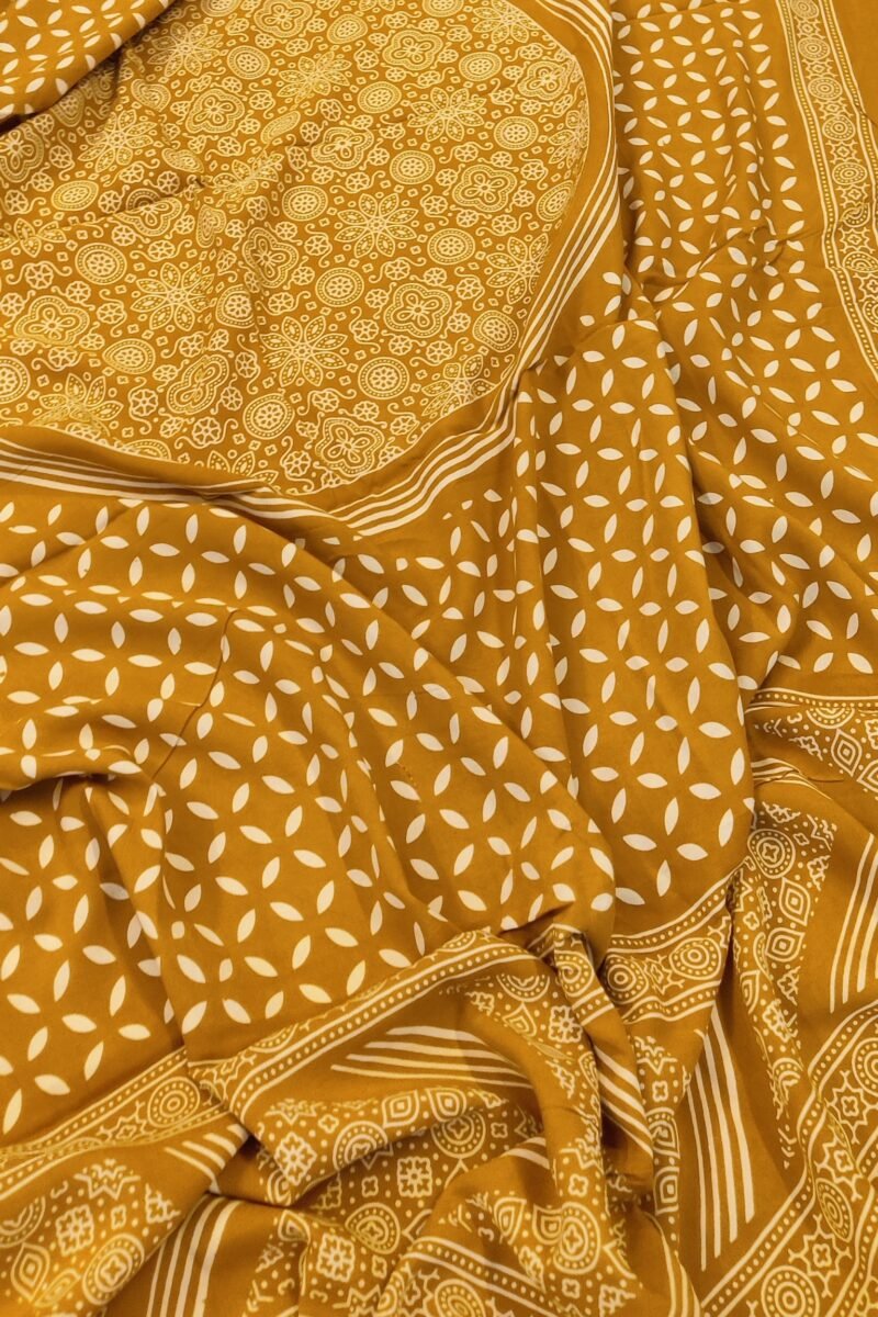 Dreamy Drapes - Mustard Yellow Floral Circle Motif Ajrakh Cotton Silk Dupatta - Image 5