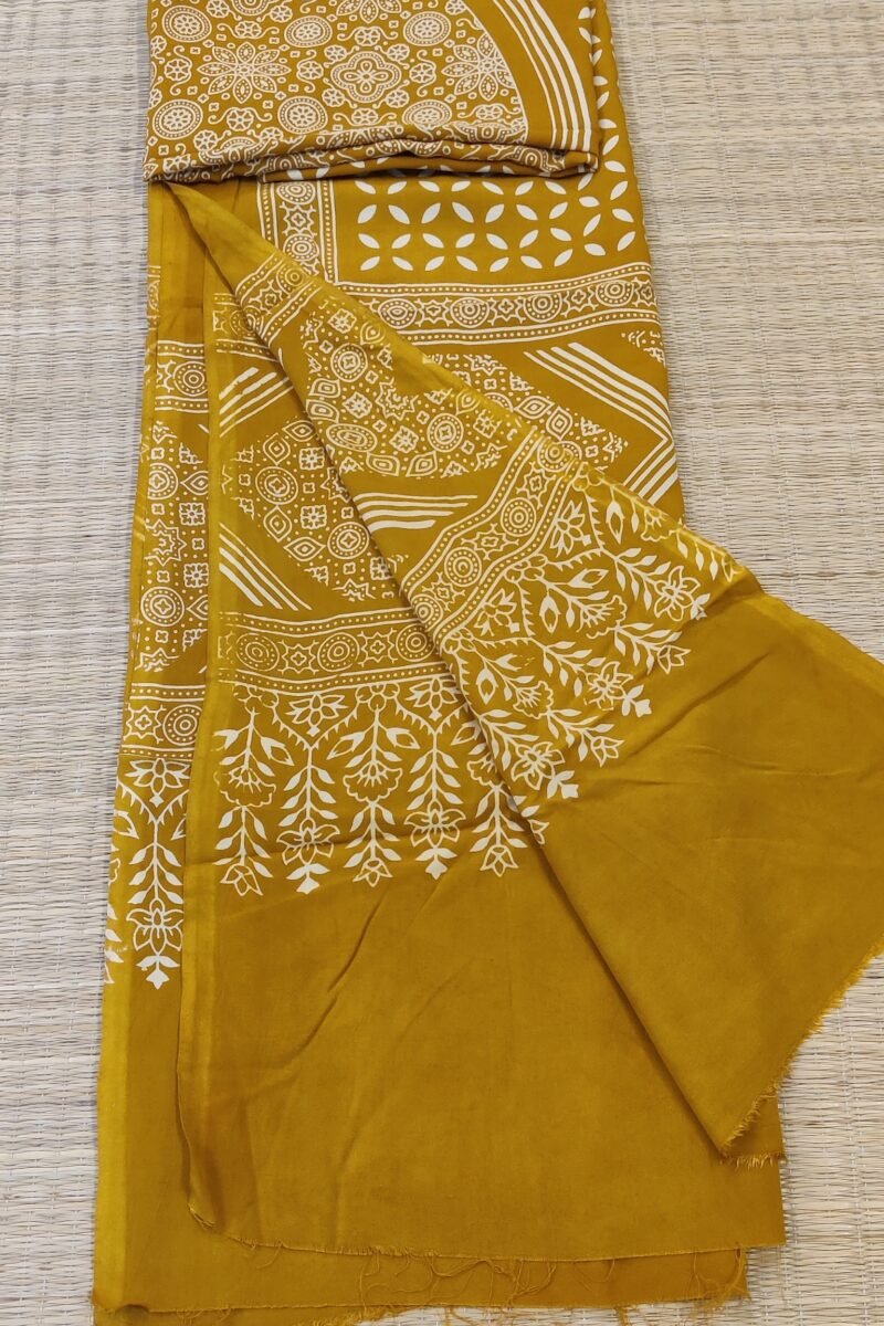 Dreamy Drapes - Mustard Yellow Floral Circle Motif Ajrakh Cotton Silk Dupatta - Image 7