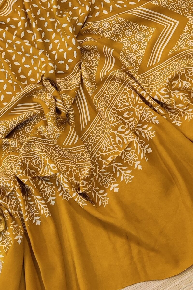 Dreamy Drapes - Mustard Yellow Floral Circle Motif Ajrakh Cotton Silk Dupatta - Image 8