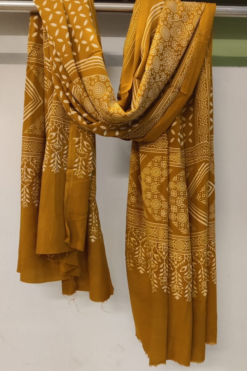 Dreamy Drapes - Mustard Yellow Floral Circle Motif Ajrakh Cotton Silk Dupatta