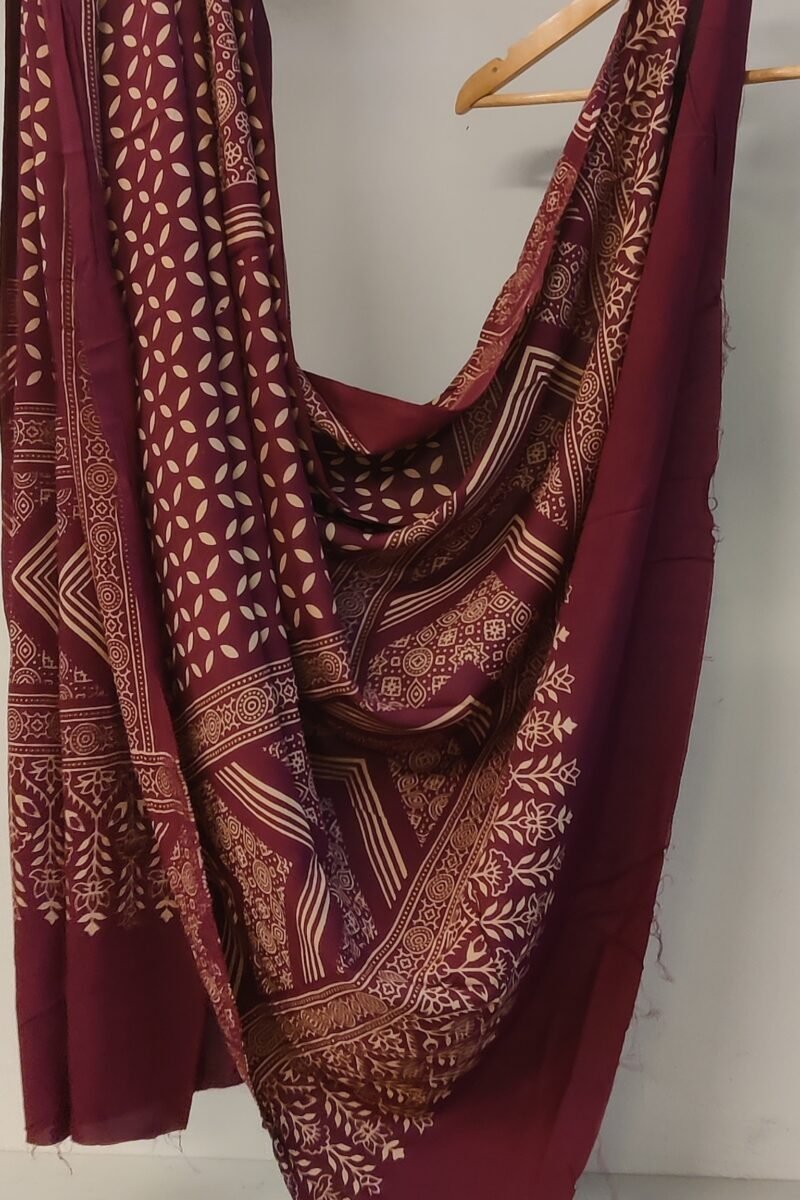 Dreamy Drapes - Wine Petal & Circle Motif Ajrakh Cotton Silk Dupatta - Image 3