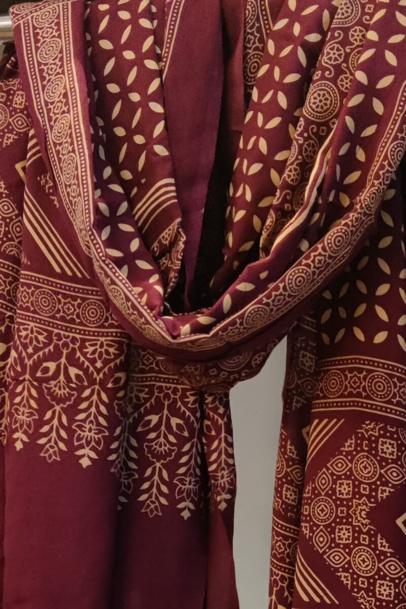 Dreamy Drapes - Wine Petal & Circle Motif Ajrakh Cotton Silk Dupatta - Image 5