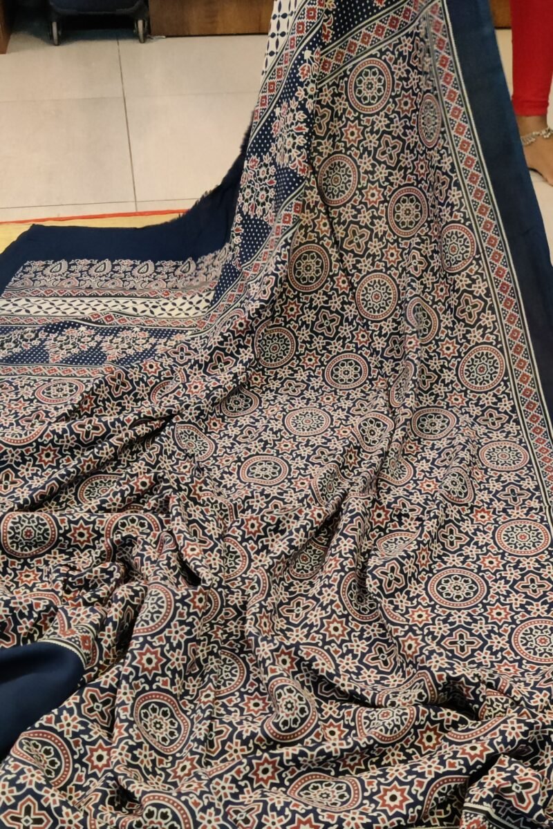 Dreamy Drapes - Blue Multi-Motif Ajrakh Cotton Silk Dupatta with Flower Stem Borders - Image 2