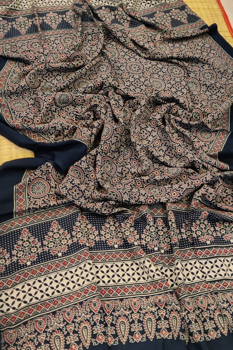 Dreamy Drapes - Blue Multi-Motif Ajrakh Cotton Silk Dupatta with Flower Stem Borders - Image 4