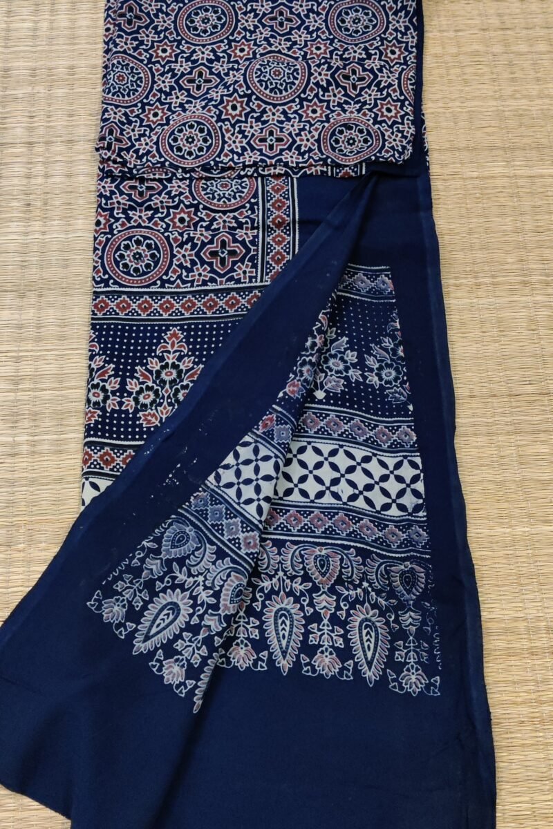 Dreamy Drapes - Blue Multi-Motif Ajrakh Cotton Silk Dupatta with Flower Stem Borders - Image 7