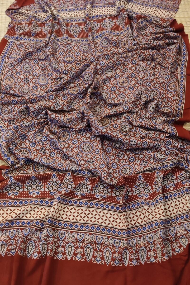 Dreamy Drapes - Maroon Multi-Motif Ajrakh Cotton Silk Dupatta with White Leaf Border - Image 4