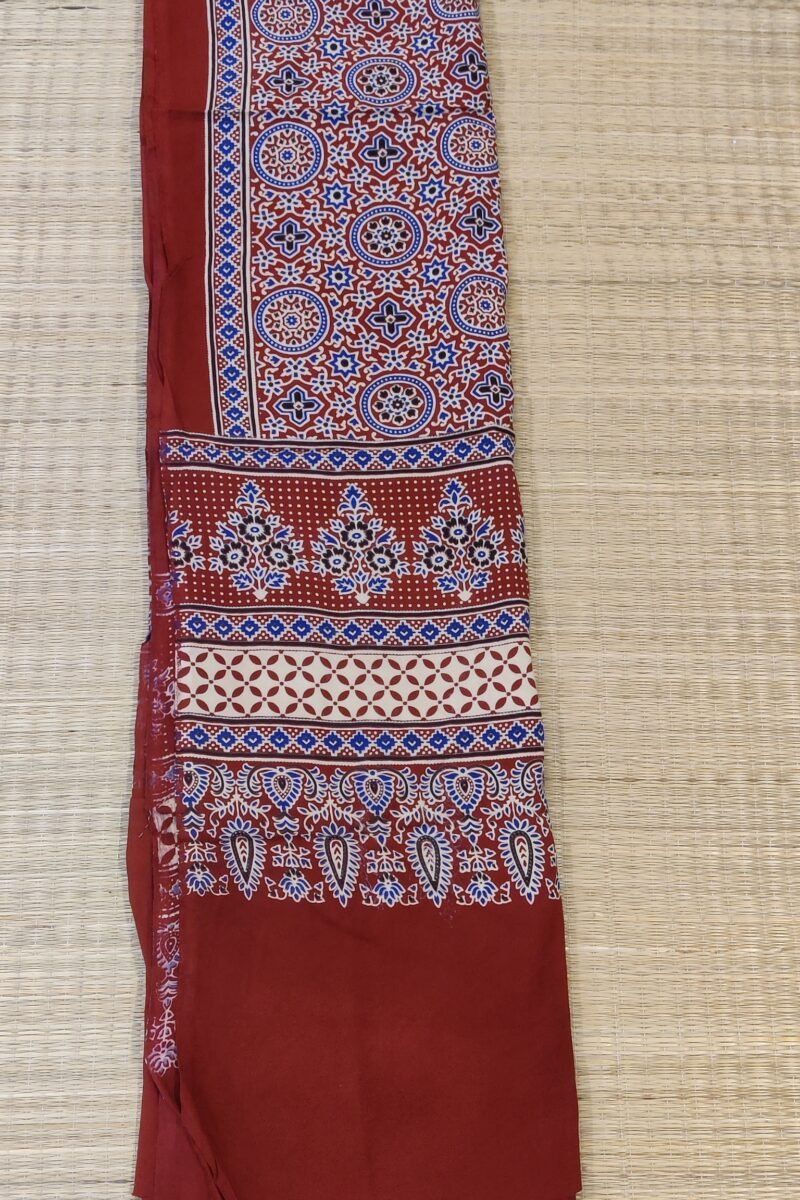 Dreamy Drapes - Maroon Multi-Motif Ajrakh Cotton Silk Dupatta with White Leaf Border - Image 6