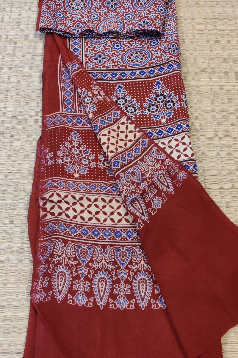 Dreamy Drapes - Maroon Multi-Motif Ajrakh Cotton Silk Dupatta with White Leaf Border - Image 7