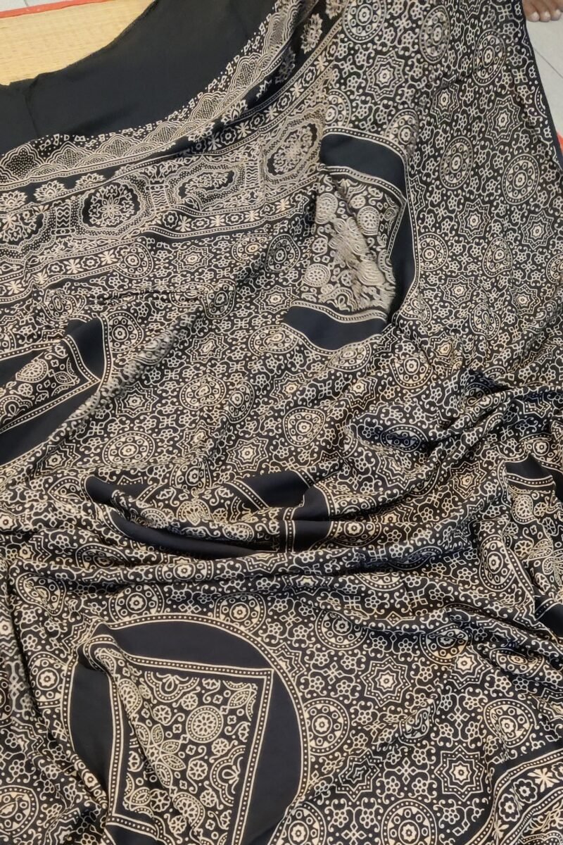 Dreamy Drapes - Black Floral Traditional Print Ajrakh Cotton Silk Dupatta - Image 2
