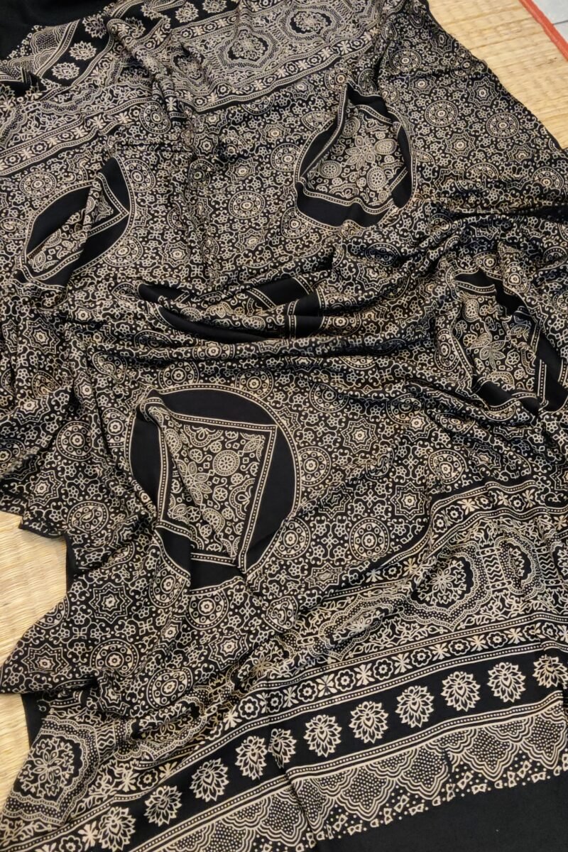 Dreamy Drapes - Black Floral Traditional Print Ajrakh Cotton Silk Dupatta - Image 4