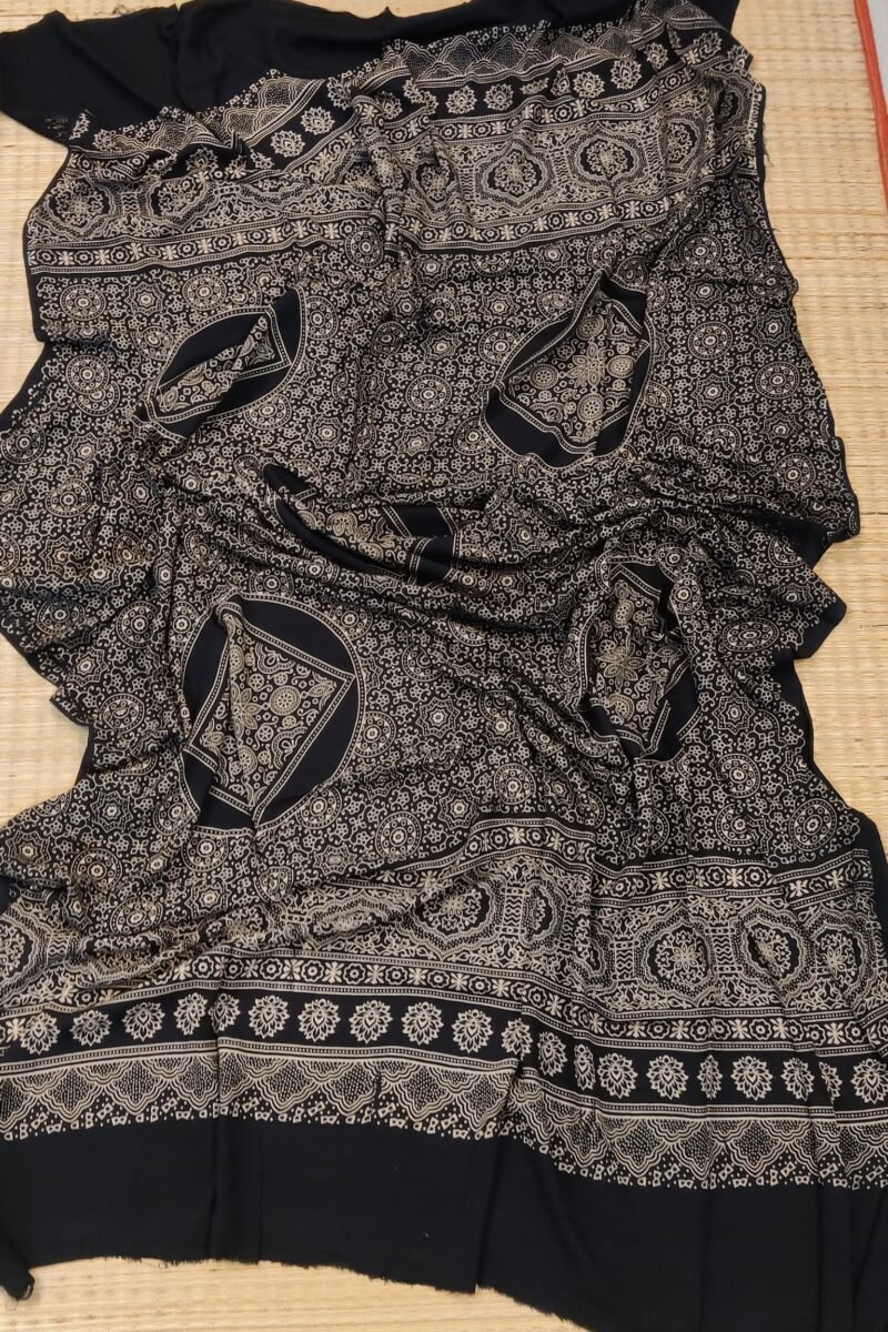 Dreamy Drapes - Black Floral Traditional Print Ajrakh Cotton Silk Dupatta - Image 5