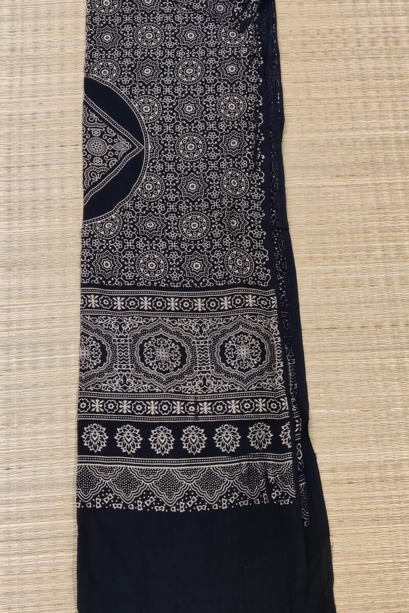 Dreamy Drapes - Black Floral Traditional Print Ajrakh Cotton Silk Dupatta - Image 6
