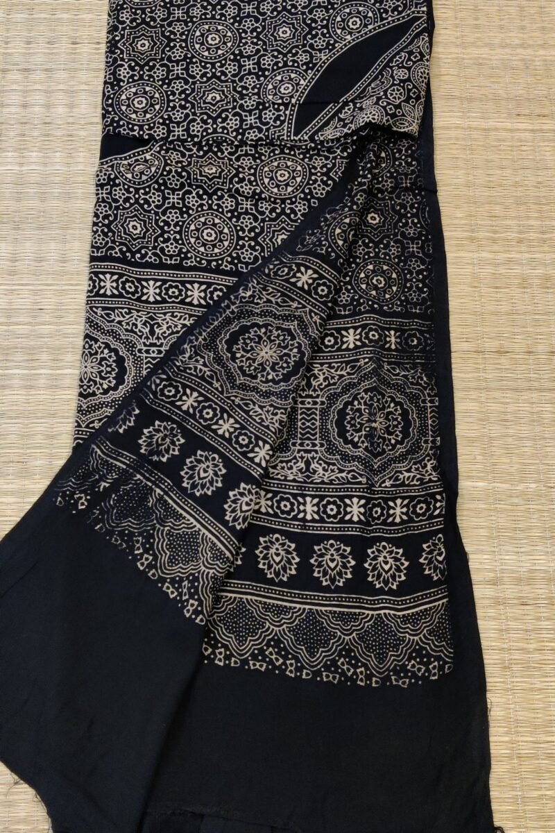 Dreamy Drapes - Black Floral Traditional Print Ajrakh Cotton Silk Dupatta - Image 7