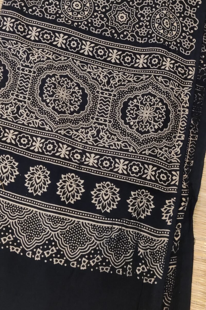 Dreamy Drapes - Black Floral Traditional Print Ajrakh Cotton Silk Dupatta - Image 8