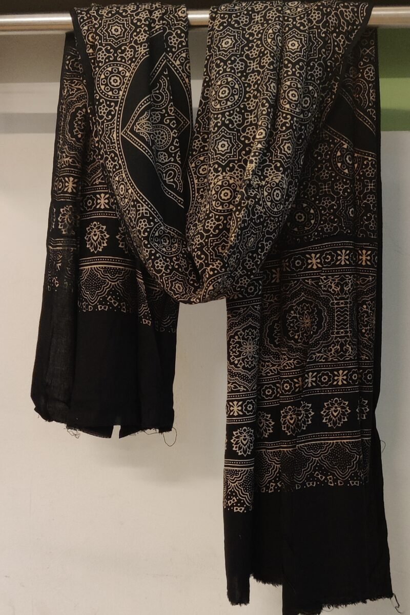 Dreamy Drapes - Black Floral Traditional Print Ajrakh Cotton Silk Dupatta
