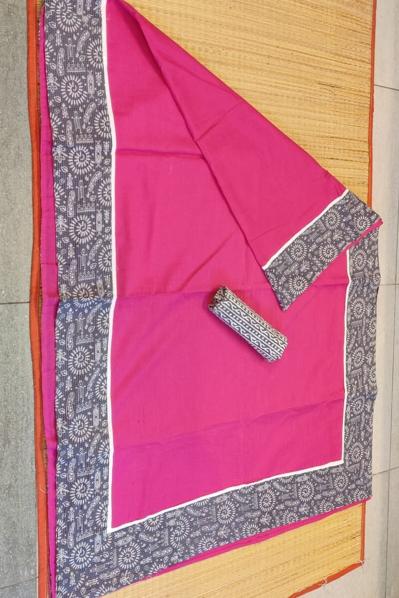 Cotton Chronicles: Dark Pink Flex Cotton Saree with Grey Madhubani Bagru Print Border - Image 2