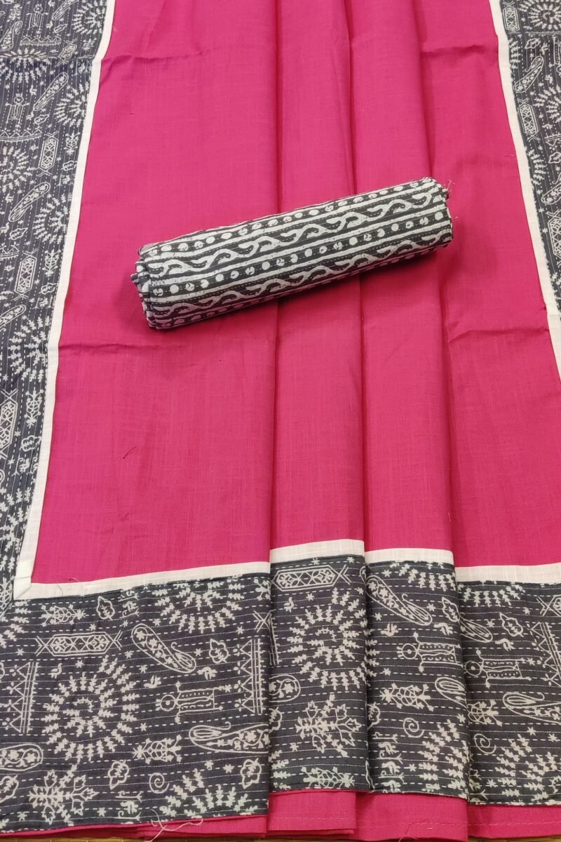 Cotton Chronicles: Dark Pink Flex Cotton Saree with Grey Madhubani Bagru Print Border - Image 3