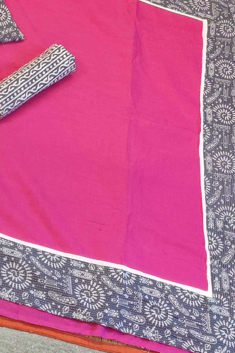 Cotton Chronicles: Dark Pink Flex Cotton Saree with Grey Madhubani Bagru Print Border - Image 4