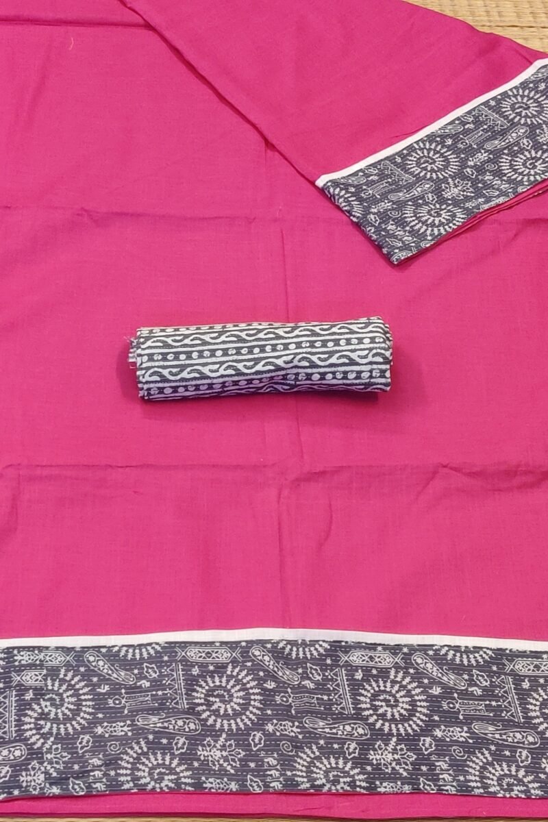 Cotton Chronicles: Dark Pink Flex Cotton Saree with Grey Madhubani Bagru Print Border - Image 5