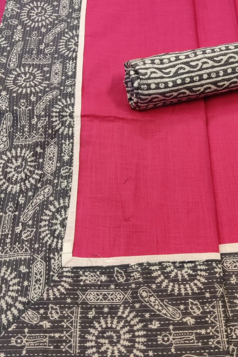 Cotton Chronicles: Dark Pink Flex Cotton Saree with Grey Madhubani Bagru Print Border - Image 6