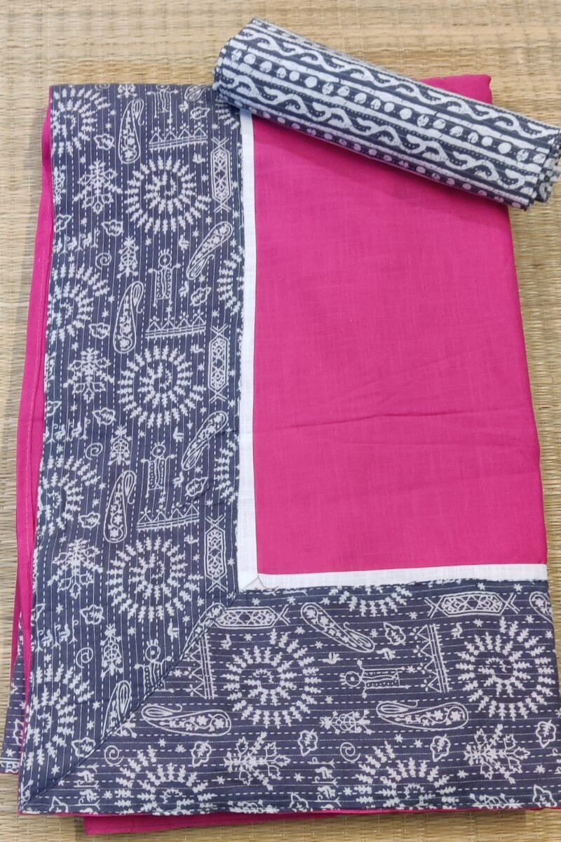 Cotton Chronicles: Dark Pink Flex Cotton Saree with Grey Madhubani Bagru Print Border