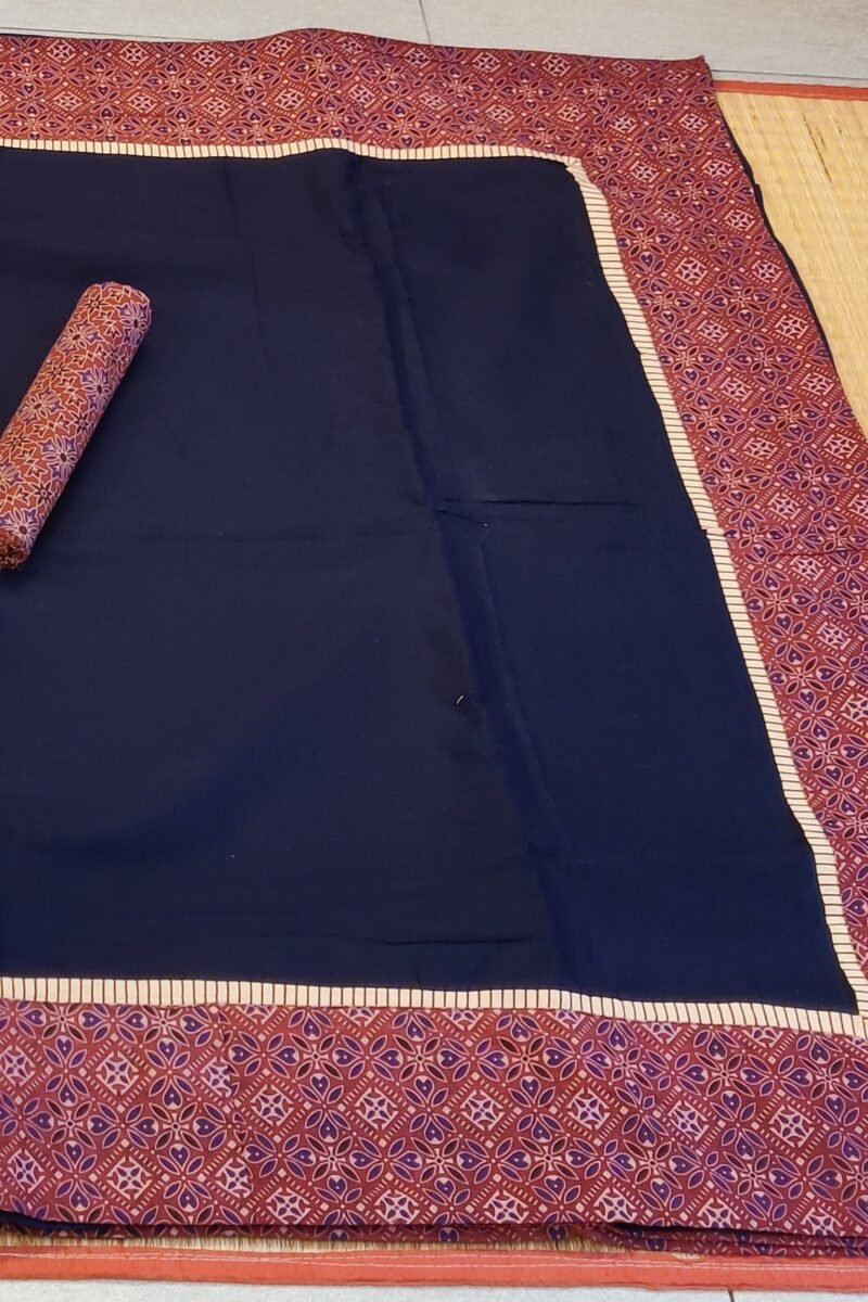 Cotton Chronicles: Dark Blue Flex Cotton Saree with Maroon Ajrakh Border - Image 3