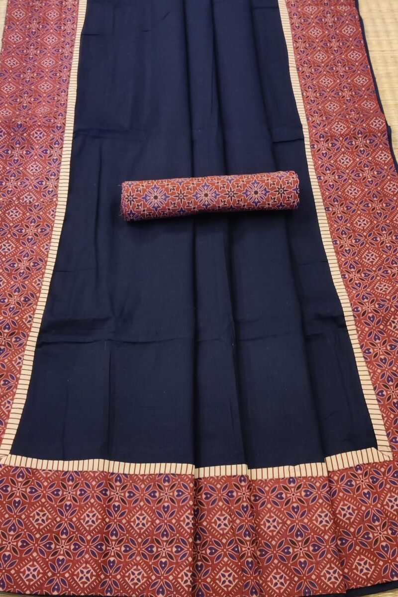 Cotton Chronicles: Dark Blue Flex Cotton Saree with Maroon Ajrakh Border - Image 4