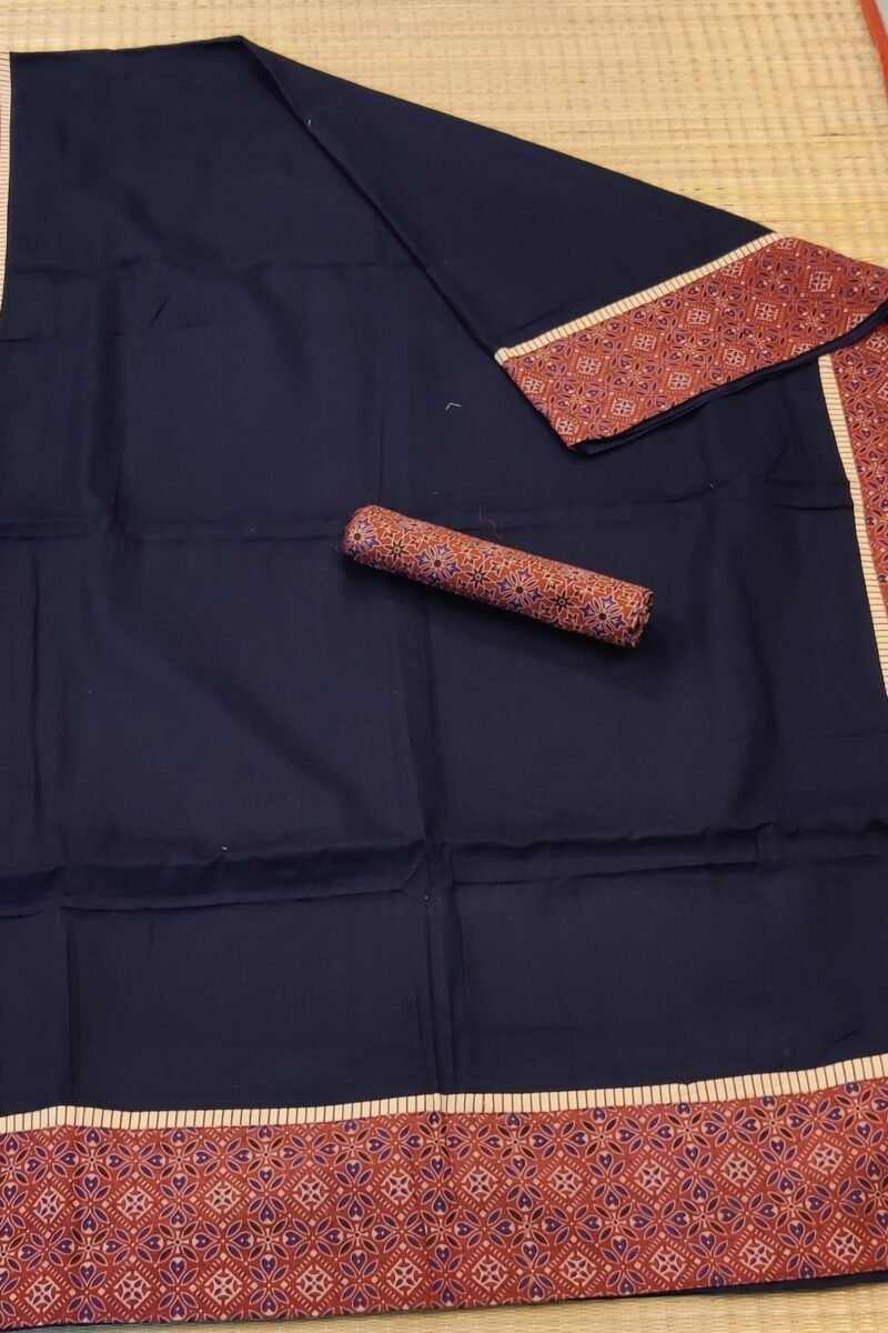 Cotton Chronicles: Dark Blue Flex Cotton Saree with Maroon Ajrakh Border - Image 5