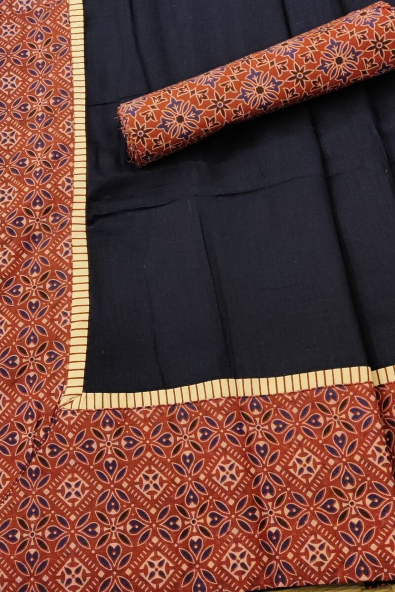Cotton Chronicles: Dark Blue Flex Cotton Saree with Maroon Ajrakh Border - Image 6