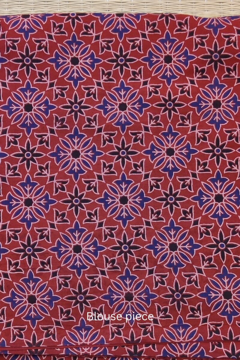 Cotton Chronicles: Dark Blue Flex Cotton Saree with Maroon Ajrakh Border - Image 7