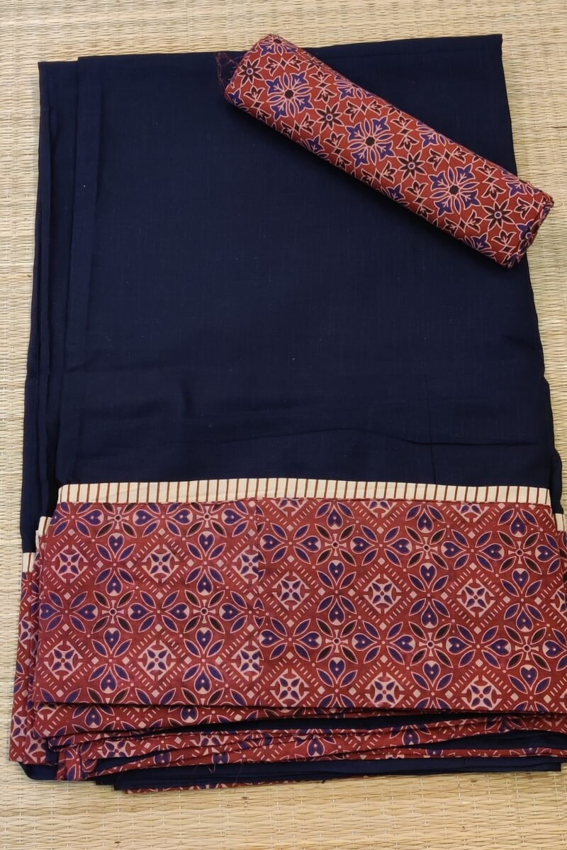 Cotton Chronicles: Dark Blue Flex Cotton Saree with Maroon Ajrakh Border