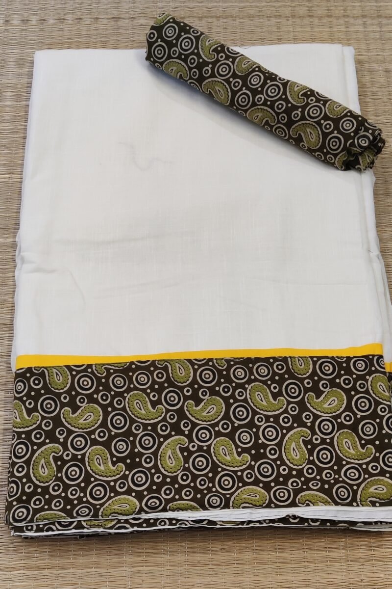 Cotton Chronicles: Offwhite Flex Cotton Saree with Olive Green Bagru Print Border