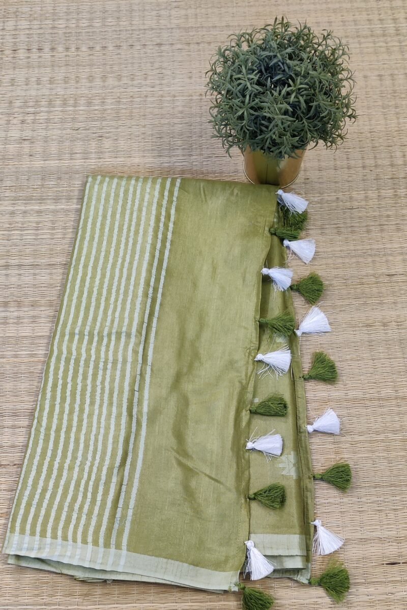 Viscose Vibrance: Light Mehandi Green Kota Viscose Saree with Floral Machine Embroidery and Striped Pallu