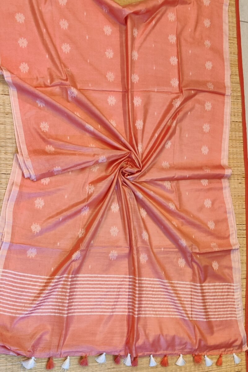 Viscose Vibrance: Orange Kota Viscose Saree with Floral Machine Embroidery and Striped Pallu - Image 3