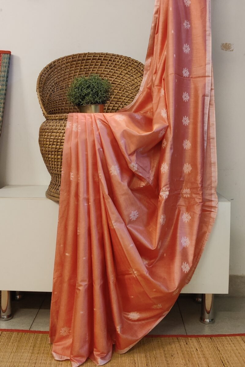 Viscose Vibrance: Orange Kota Viscose Saree with Floral Machine Embroidery and Striped Pallu - Image 4