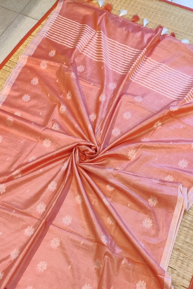 Viscose Vibrance: Orange Kota Viscose Saree with Floral Machine Embroidery and Striped Pallu - Image 5