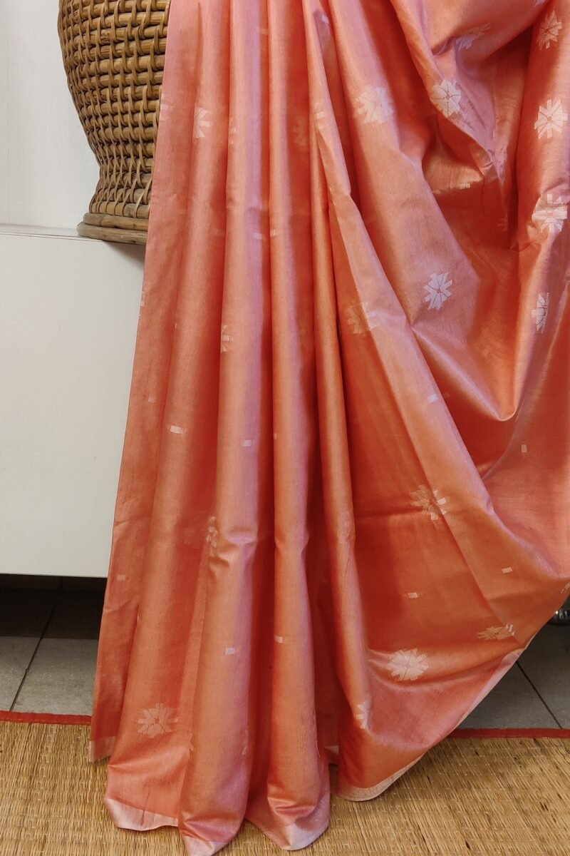 Viscose Vibrance: Orange Kota Viscose Saree with Floral Machine Embroidery and Striped Pallu - Image 6