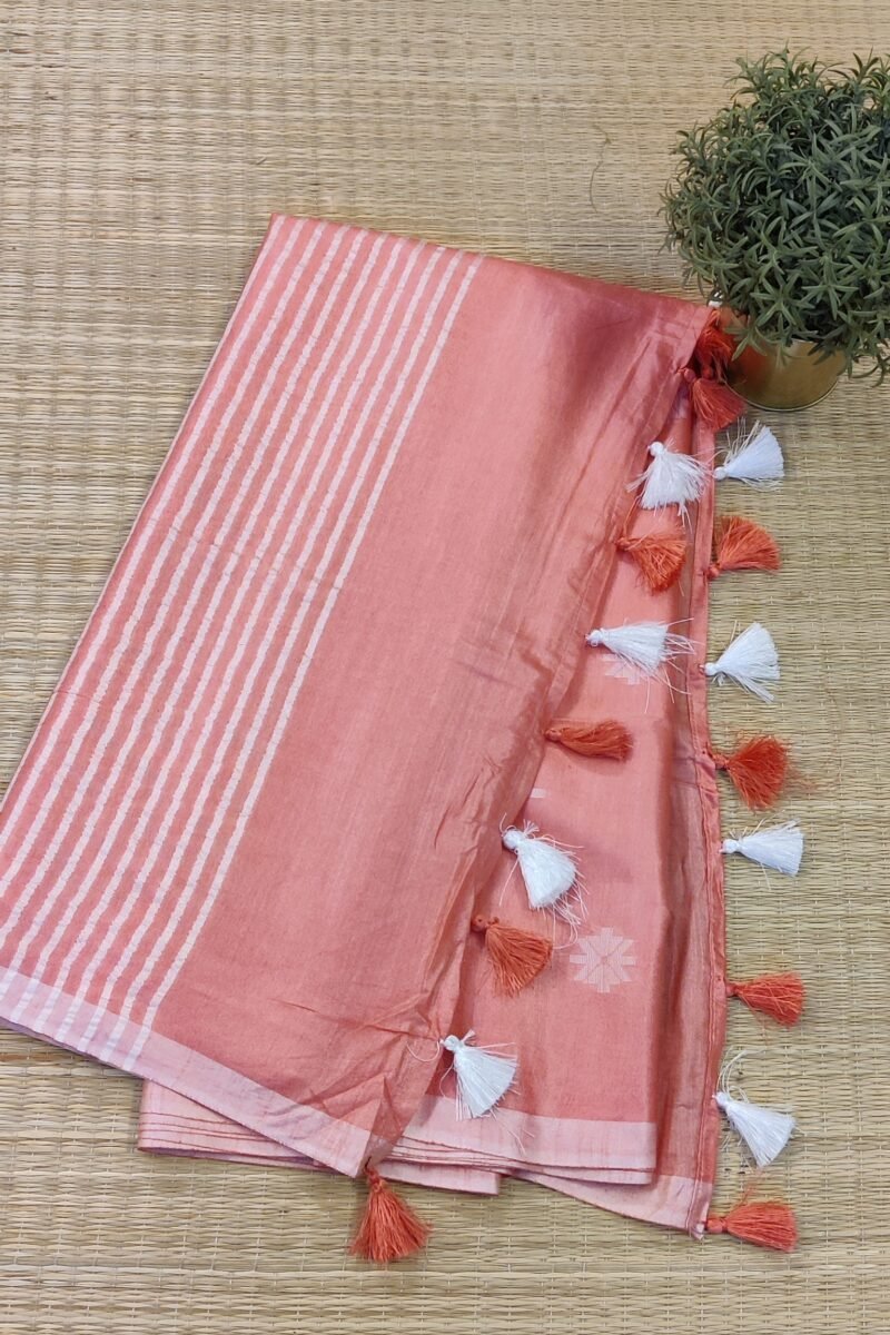 Viscose Vibrance: Orange Kota Viscose Saree with Floral Machine Embroidery and Striped Pallu