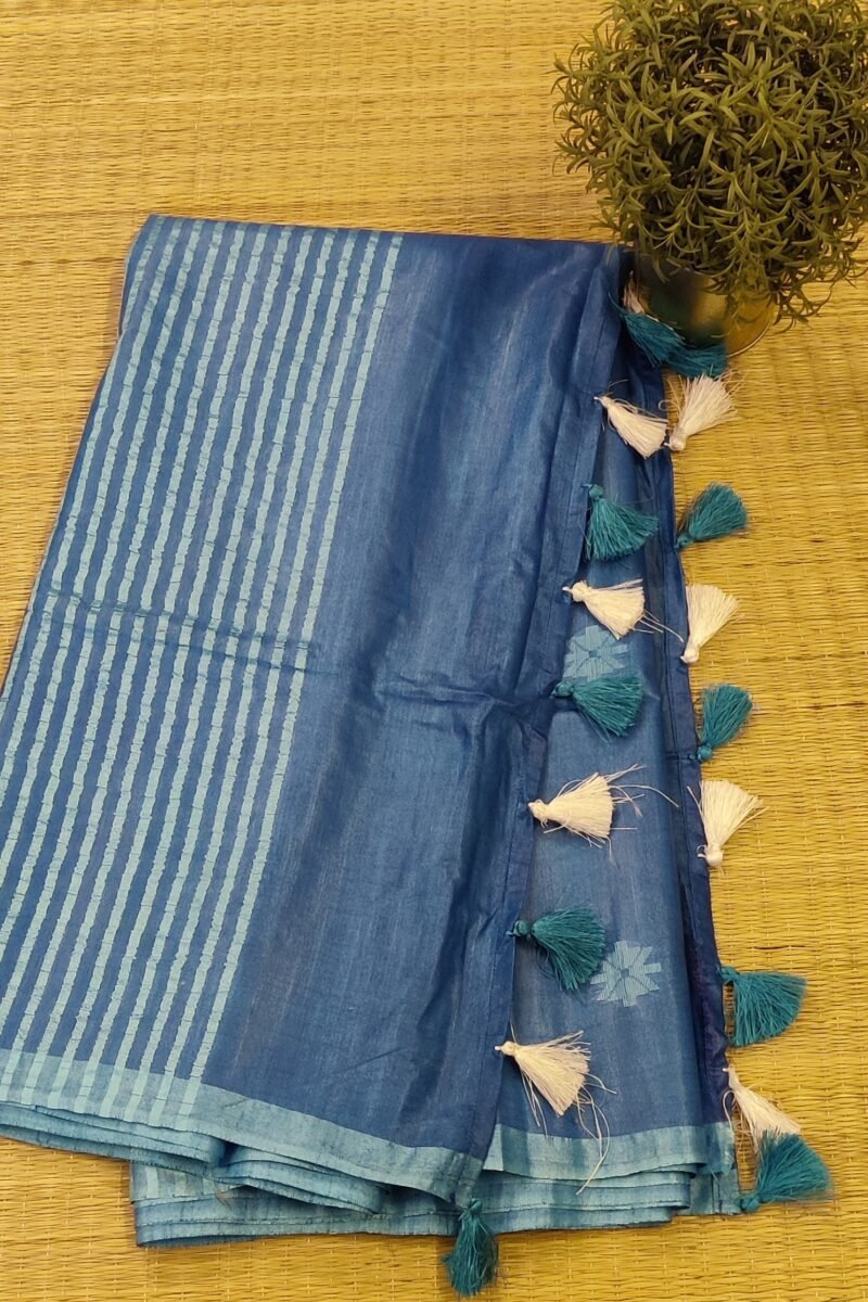 Viscose Vibrance: Blue Kota Viscose Saree with Floral Machine Embroidery and Striped Pallu