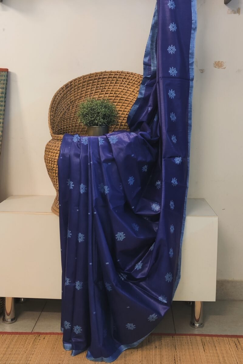 Viscose Vibrance: Ink Blue Kota Viscose Saree with Floral Machine Embroidery and Striped Pallu - Image 2