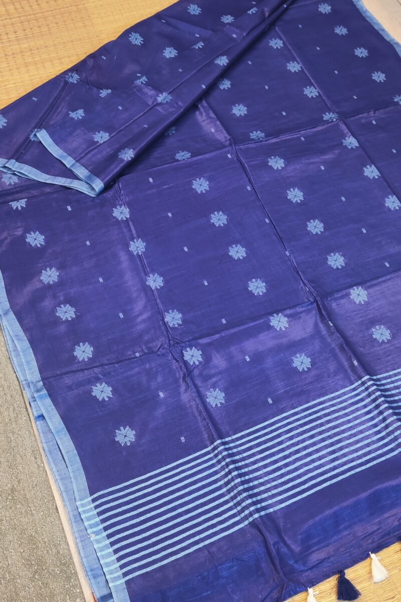 Viscose Vibrance: Ink Blue Kota Viscose Saree with Floral Machine Embroidery and Striped Pallu - Image 4
